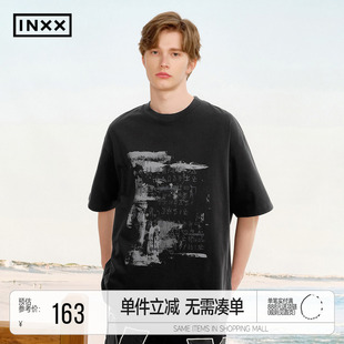 INXX仿壁画感斑驳短袖T恤男复古甲骨文印花250G重磅上衣女潮