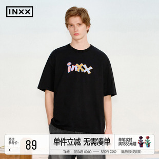 王星越同款 INXX趣味拼接花形logo短袖T恤男立体撞色五分袖上衣女