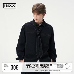 INXX水洗褪色牛仔衬衫 可拆卸领带小众设计感上衣 男女同款