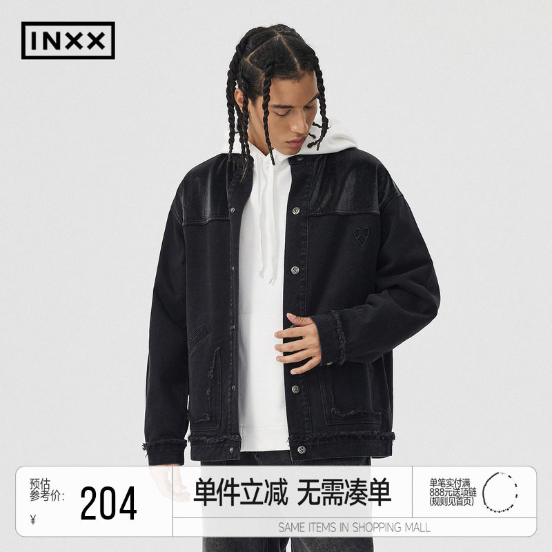 INXXAPYD 潮酷皮质拼接牛仔外套男设计做破毛边夹克上衣情侣