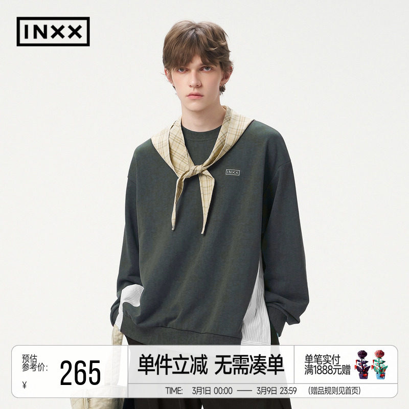 INXX复古蜡染仿水洗套头卫衣拼接圆领休闲宽松绣花情侣上衣