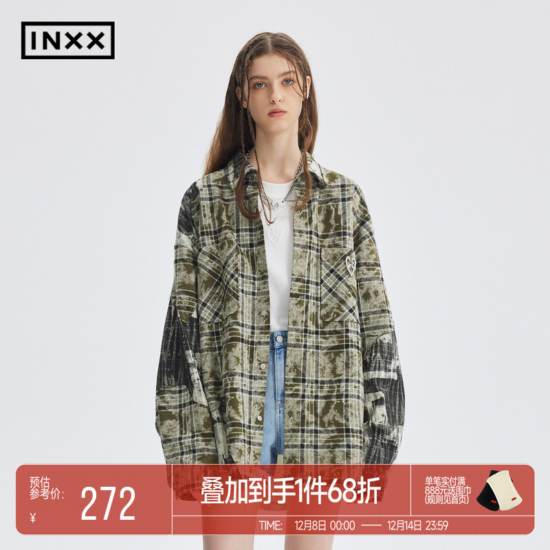 INXX 潮流街头长袖衬衫男女同款美式复古做旧格子衬衣外套