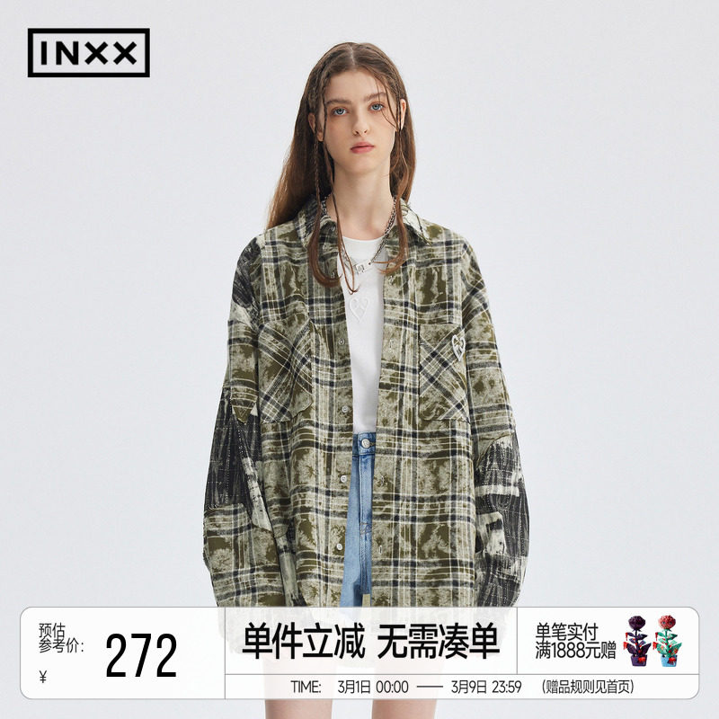 INXX 潮流街头长袖衬衫男女同款美式复古做旧格子衬衣外套