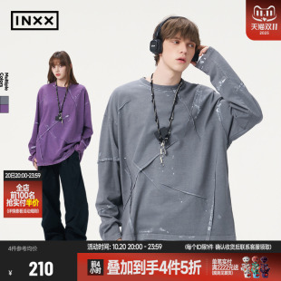 字母包针绣上衣情侣 T恤男潮牌个性 明星同款 INXX手工刷色甩点长袖