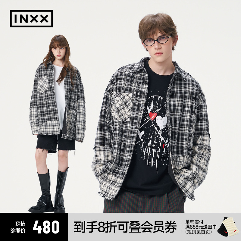 INXX美式复古宽松保暖不对称格纹拼接刺绣夹棉外套男女同款