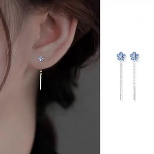 925纯银蓝色镶钻花朵耳线女小巧精致高级感耳环2025新款爆款