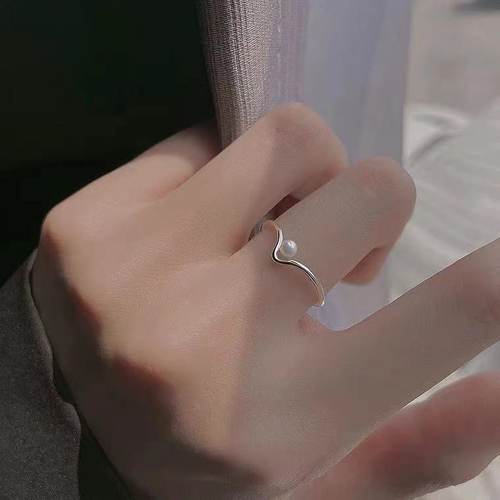s925纯银v字珍珠戒指女高级简约小众设计食指指环细戒轻奢冷淡风