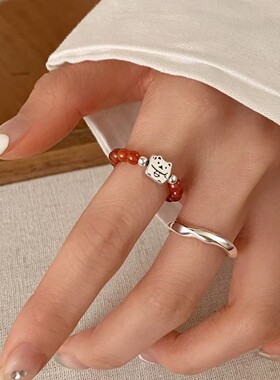 925纯银红玛瑙招财猫戒指小众素圈开口戒女高级感食指戒