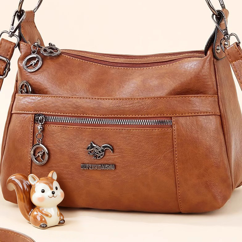 2025春季女包包通勤新款大容量多层拉链包轻便斜挎包妈妈包琥珀色