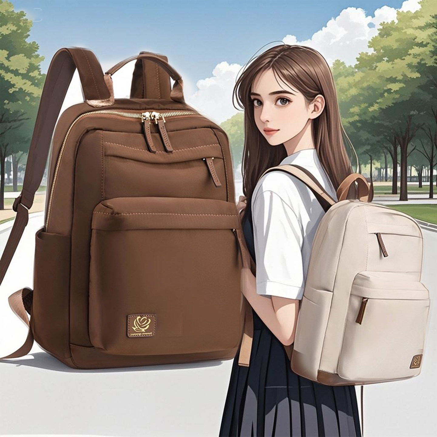 轻奢少女2025新款双肩包大容量牛津布旅行背包高级感棕色学生书包