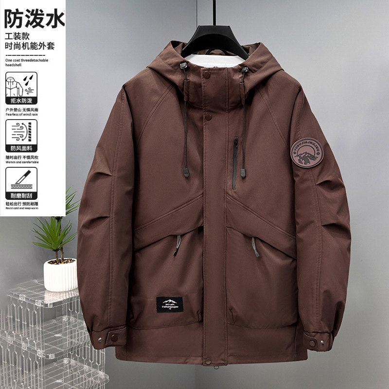三防冲锋衣男加肥加大码秋冬季休闲宽松连帽工装夹克胖子男装加厚