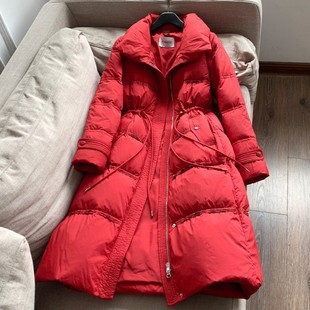 撤柜甩货红色2025新加厚立领翻领可收腰长款休闲羽绒服红色