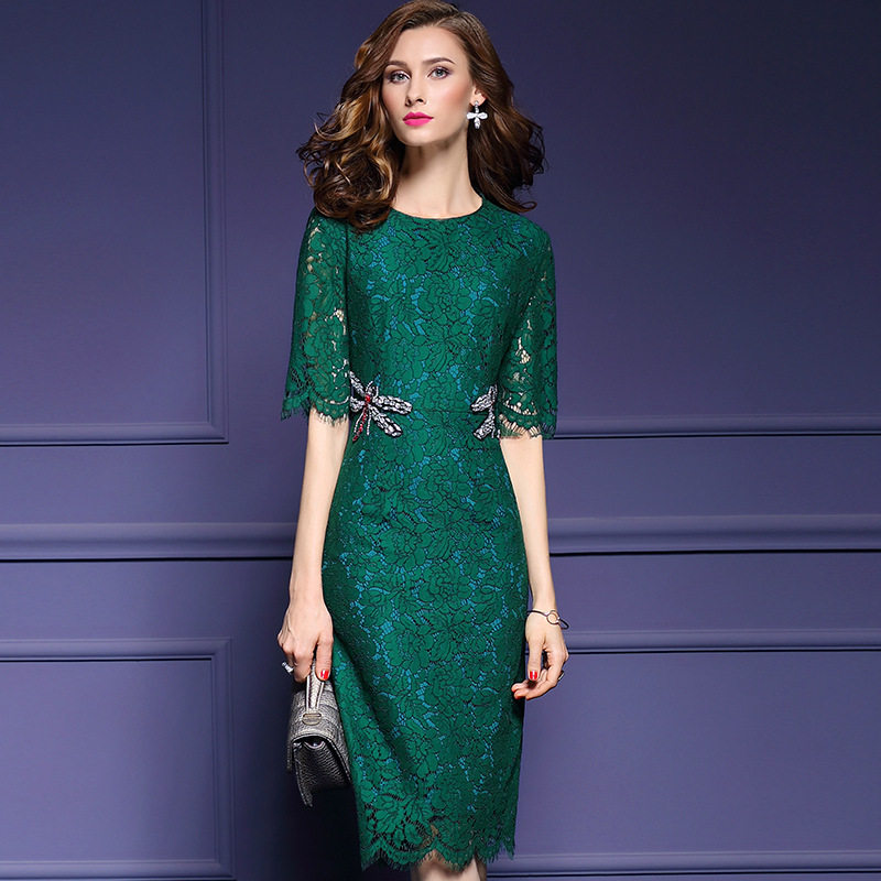特价定制2019春季高端钉珠绿色欧美钉钻蜻蜓蕾丝中长裙修身连衣裙