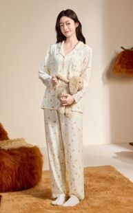 柔善睡衣女春秋2025新款法式复古甜美纯棉家居服长袖提花棉两件套