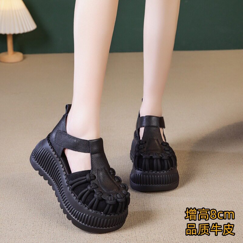 2025新款小众厚底罗马凉鞋女夏季松糕包头女鞋真皮复古罗马凉鞋