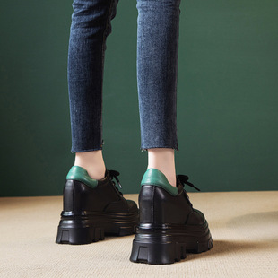女足角2026新款头层牛皮厚底休闲乐福鞋10cm内跟系带鞋真皮小皮鞋
