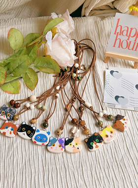 九零七纯手工石塑粘土手绘猫咪项链胸针可爱挂饰百搭治愈个性小众