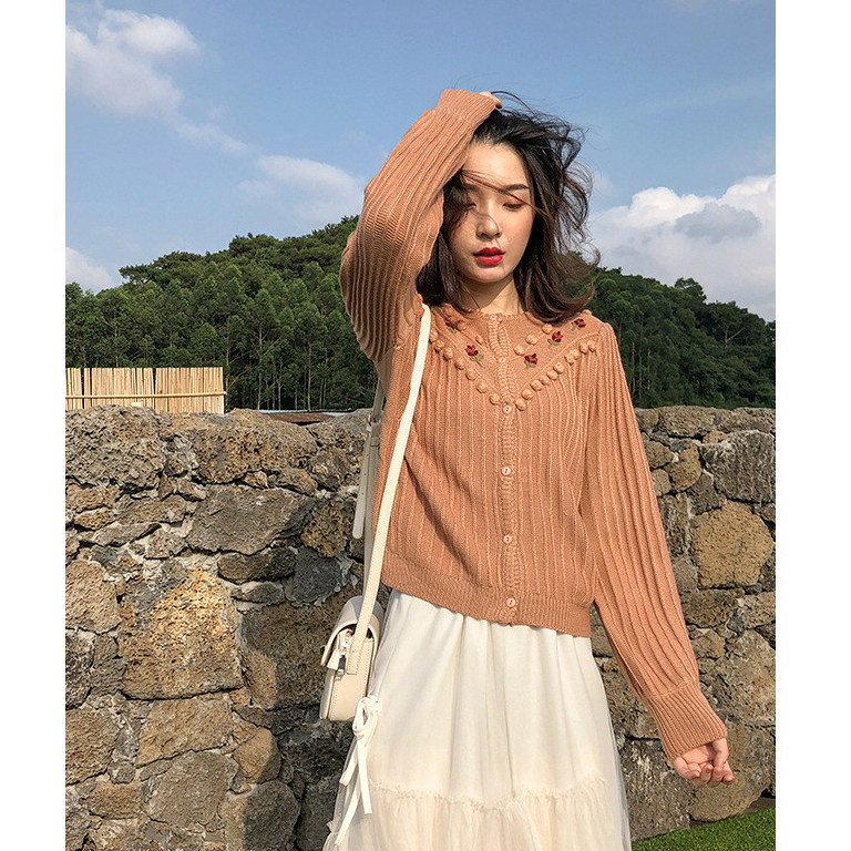 Umika 森女系甜美花朵刺绣长袖针织衫 绣花开衫毛衣外套女上衣秋