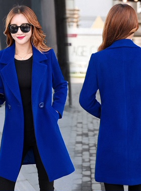 反季清仓秋冬气质毛呢外套女中长款韩版蓝色女士呢子大衣加厚