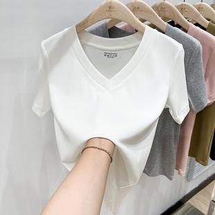 显瘦上衣女半袖 欧货纯棉白色v领短袖 洋气高级感修身 t恤女夏季 新款