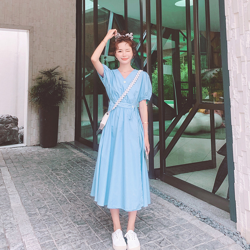 3色新增水蓝色现货，纯色法式复古连衣裙过膝895-p85k138，女装连衣裙，Mushroom