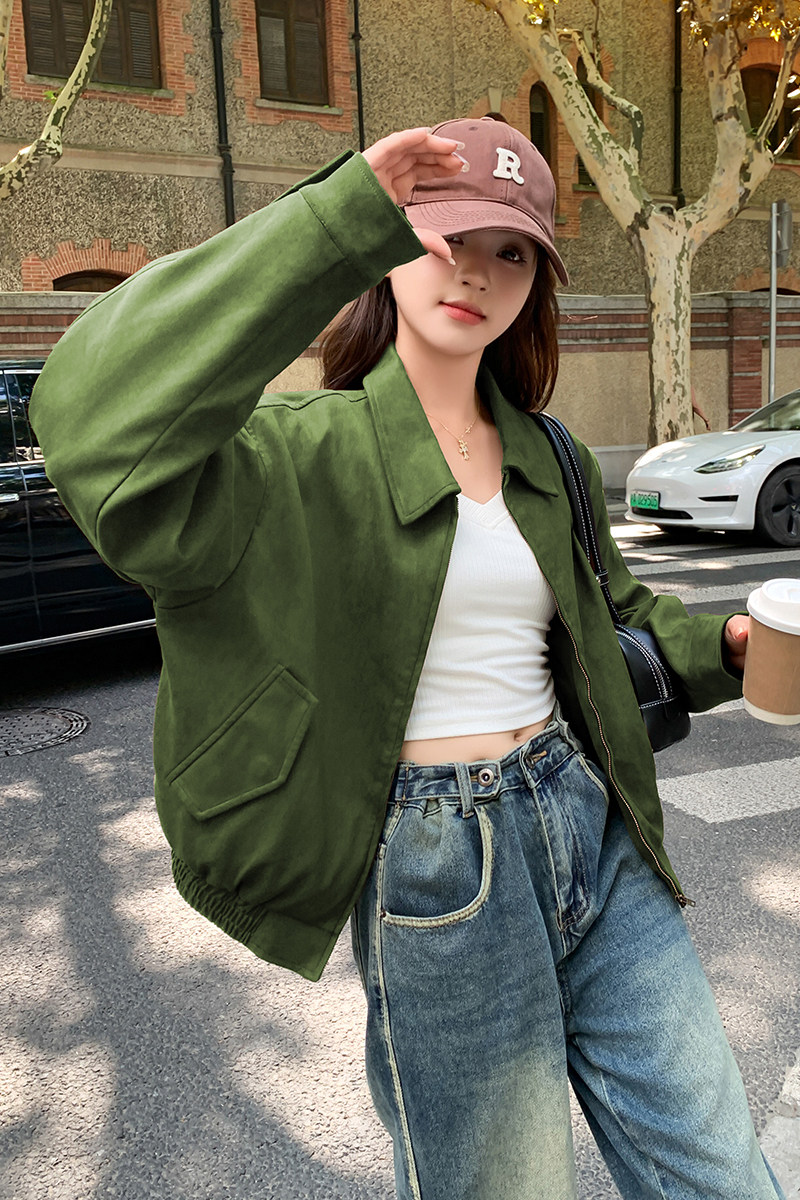 独特超好看棕色短款麂皮绒外套女春秋2025新款美式高级感炸街夹克,女装短外套,Mushroom