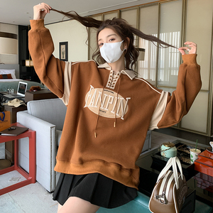 高品质复古拼色华夫格长袖卫衣男女情侣潮牌宽松设计感百搭Polo衫,女装卫衣/绒衫,Mushroom