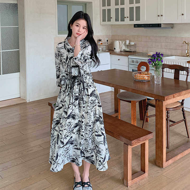 新中式国风水墨印花连衣裙女2025春秋季新款宽松显瘦复古茶歇长裙,女装连衣裙,Mushroom