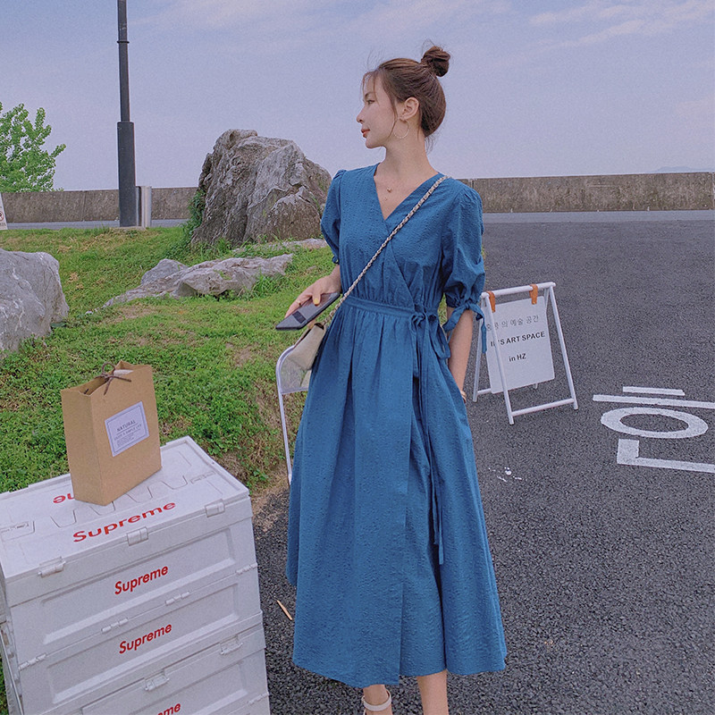 618主推24号出货V领收腰泡泡袖长款连衣裙011-922-P105-K158，女装连衣裙，Mushroom