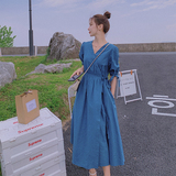 618主推24号出货V领收腰泡泡袖长款连衣裙011-922-P105-K158，女装连衣裙，Mushroom