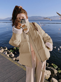 羊羔毛拼接羽绒服女2024冬季新款韩版设计感宽松加厚90白鸭绒外套，女装羽绒服，Mushroom