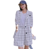 2022夏季白色格子单排扣贴标西装套装280-2230p110k168，女装西装，Mushroom