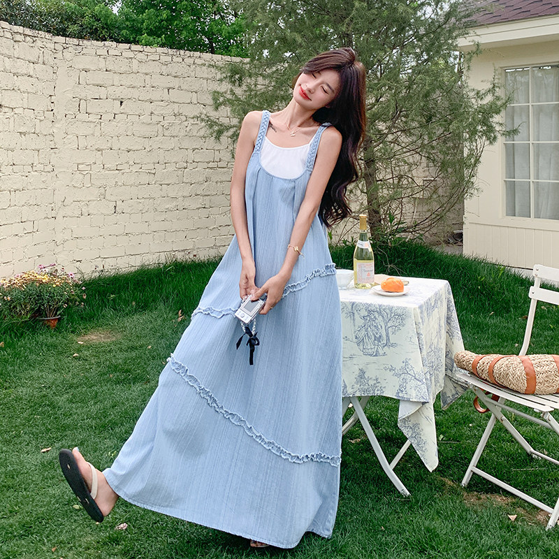 木耳边叠穿背带连衣裙女夏季2025新款宽松显瘦牛仔慵懒风无袖长裙,女装连衣裙,Mushroom