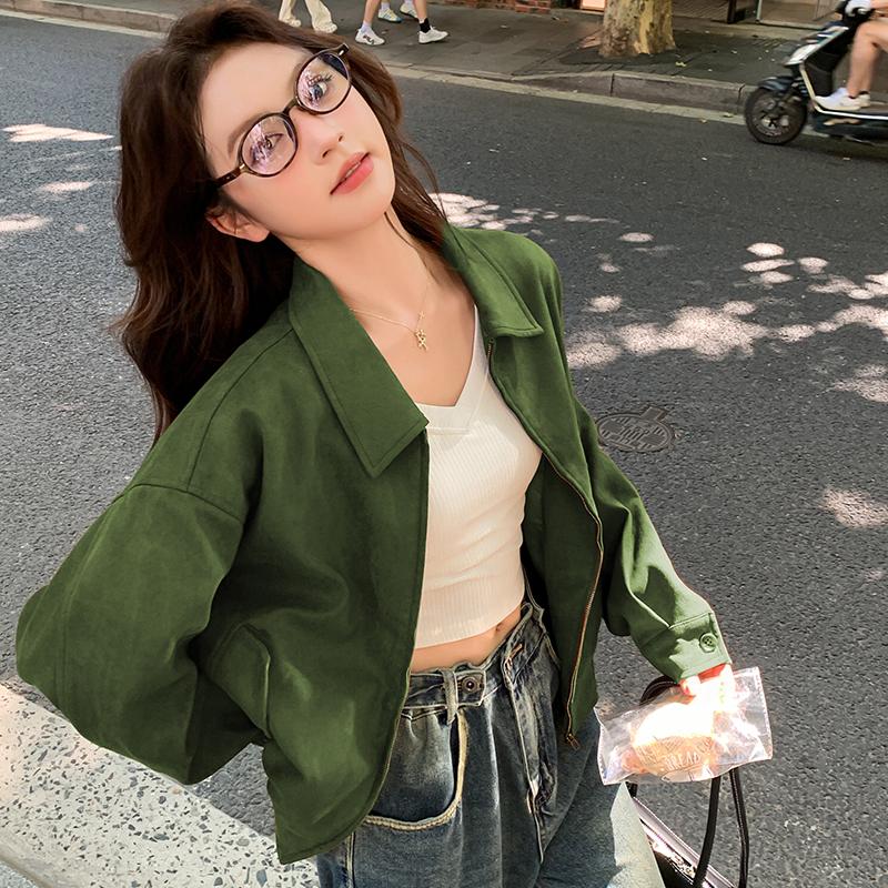 独特超好看棕色短款麂皮绒外套女春秋2025新款美式高级感炸街夹克,女装短外套,Mushroom