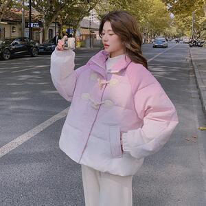 渐变粉紫色牛角扣羽绒棉服女冬季短款学院风甜美风小个子爆款棉衣图片