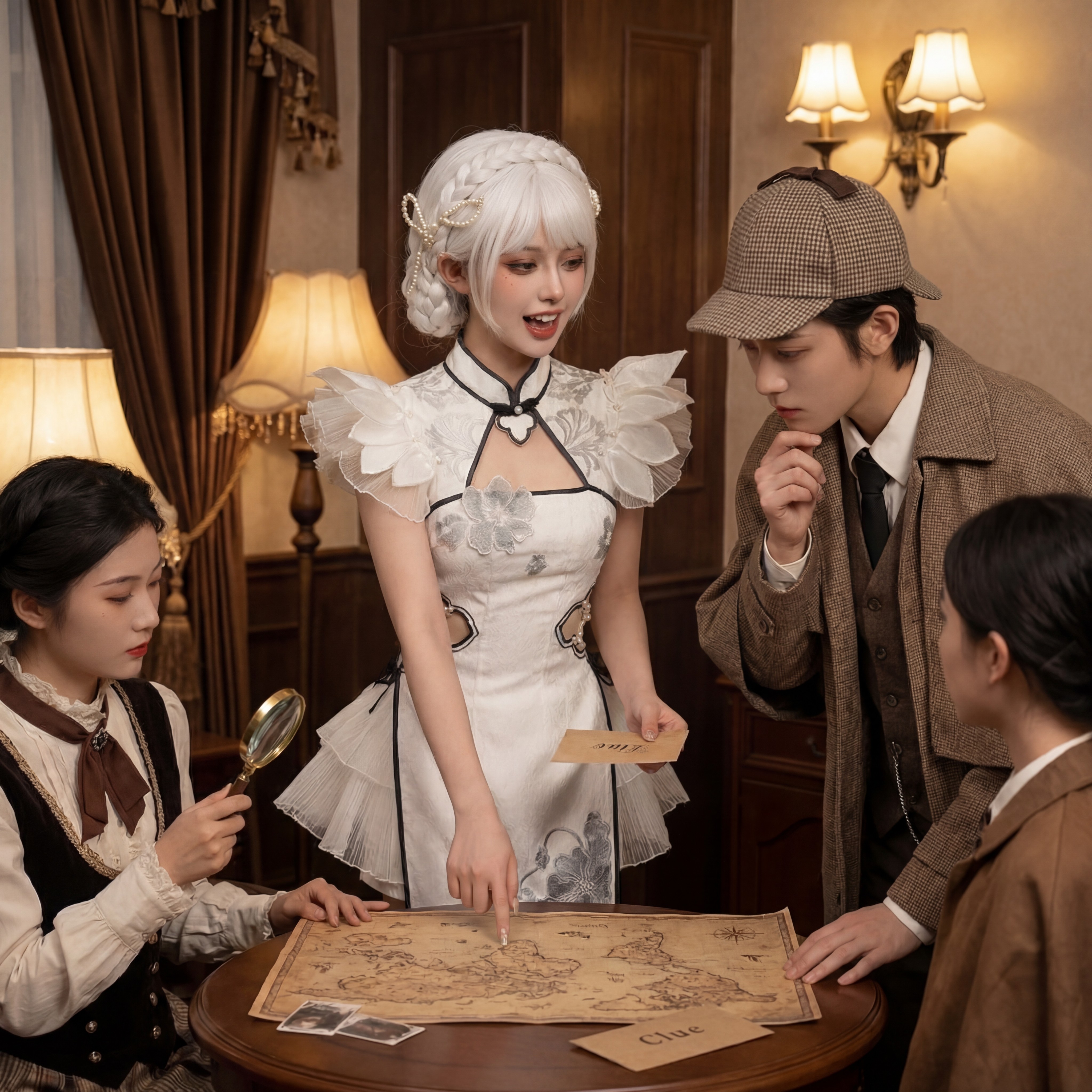 舞台装复古欧式服装女夏季新款白色泡泡袖镂空连衣裙cosplay套装 - 实物图