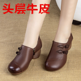 复古单鞋女2023春秋新款真皮软底中跟妈妈鞋民族风中老年女士皮鞋