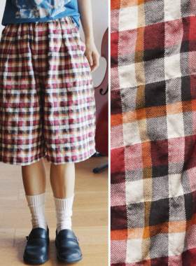 【时舟】 彩格纯棉 夏季进口薄棉 男女同款 夏季五分裤廓形短裤