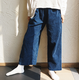 蓝靛植物染 indigo 粗灯芯绒面料 直筒裤 宽腿裤 休闲 时舟