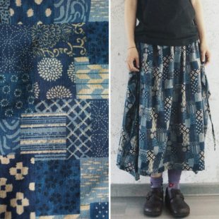 【时舟】蓝色印花拼色棉麻面料 N种变化的系绳长裙 夏季半身裙