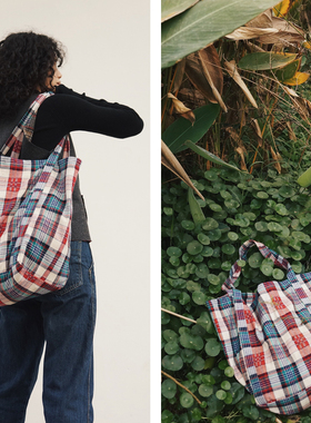 【时舟】彩格 手织布 土布 老布 大号托特Tote  环保大背包