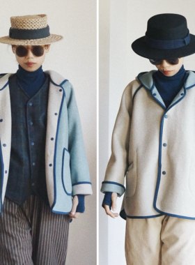 【时舟】浅蓝灰双面羊毛呢 蓝色包边 双面穿冬季保暖带帽短外套