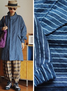 【时舟】进口蓝黑白竖条纹砂洗亚麻面料 M65 parka 中性风衣外套