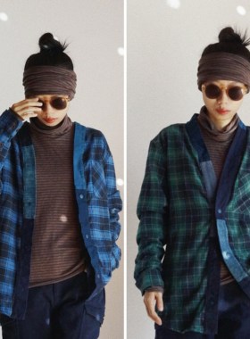 【时舟】磨毛棉格子衬衣改造Remake 古布拼布领口 野良著衬衫外套