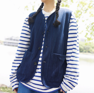 男女同款 剑道服面料 植物蓝靛染indigo 双兜中性马甲 时舟