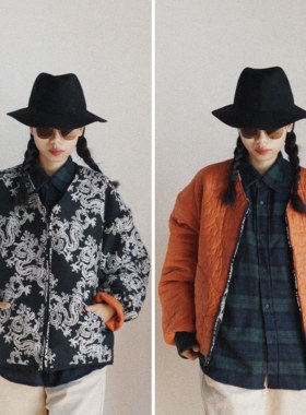 【时舟】橘色蘑菇型夹棉 意大利数码龙粗纺纯棉 双面中性棉衣外套