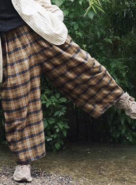 【时舟】复古棕褐蓝色织格纹磨毛面料 中性百搭 松紧腰围大廓形裤