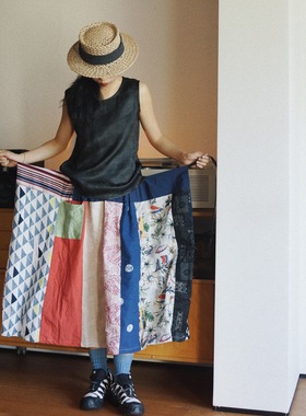 【时舟】N种变化的系绳长裙 棉麻面料手工拼布 限量夏季半身裙