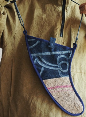 【时舟】植物染古布 老和服和咖啡麻料布袋拼布制作 冲浪板尾鳍包