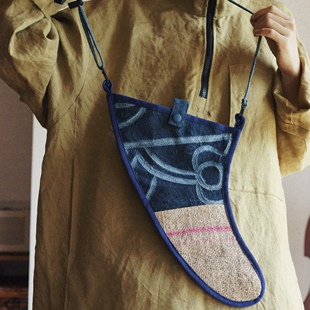 【时舟】植物染古布 老和服和咖啡麻料布袋拼布制作 冲浪板尾鳍包